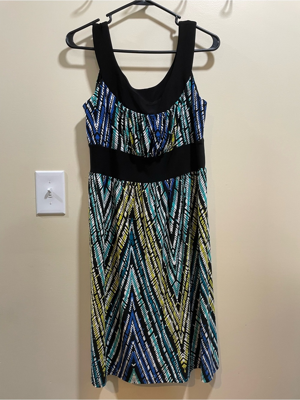 Cato Black-Trim Chevron Midi Dress in Teal, Navy and Yellow